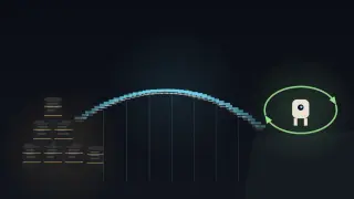 A glowing bridge built from stacked text blocks spans from a heap of dark fuel-like data barrels on the left to a small agent on the right that circles in a loop of action and observation arrows.
