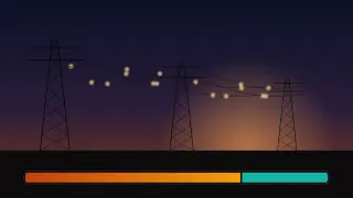 Three lattice transmission towers silhouetted against a purple and amber dusk sky, linked by sagging power lines dotted with small glowing pulses. Below the horizon, a long bar is split into a large orange segment and a shorter teal segment.