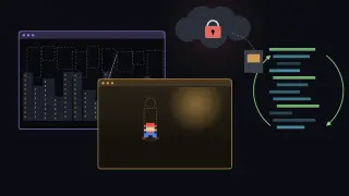 Two game windows overlap, one showing a faint ghost layer of floating buildings above a city; a column of machine code loops through compile and compare arrows, and above it all a storm cloud with a padlock swallows a game cartridge.