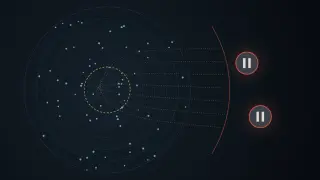 Concentric rings of dotted nodes around a small dashed amber ring; dotted paths route around that ring toward the right edge, where two greyed domain circles carry pause symbols behind a thin red arc that the paths cannot cross.