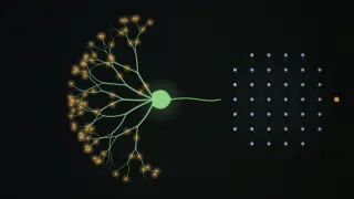 A branching green dendritic tree with glowing amber spots on its branches feeds a cell body on the right; beside it, stacked columns of small nodes form a layered network joined by faint lines.