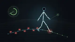 A glowing wireframe figure strides across a dark grid floor, its hips trailing a curved trajectory line, red markers where each foot touches down and a phase dial turning beside it.