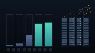 Five tall outlined columns stand for GDP, two of them filled about a third of the way with glowing teal; a row of chips sits below, and on the right four server racks are wired by dotted power lines to an electricity pylon.