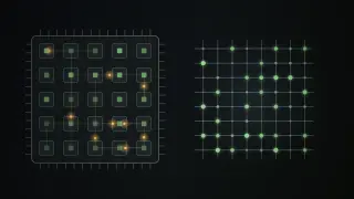 A square chip outline holds a grid of small cores; amber spikes travel along wires between them, and to the right a crossbar of crossing lines has glowing junctions like synapses.