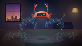 Illustration of a living room at dusk: a coral crab-like robot with two glowing round eyes and raised claws leaps sideways at the top of a jump, while faint cyan wireframe copies of the same robot trace its crouch, push-off, fall and landing along a dashed arc over a gridded floor.