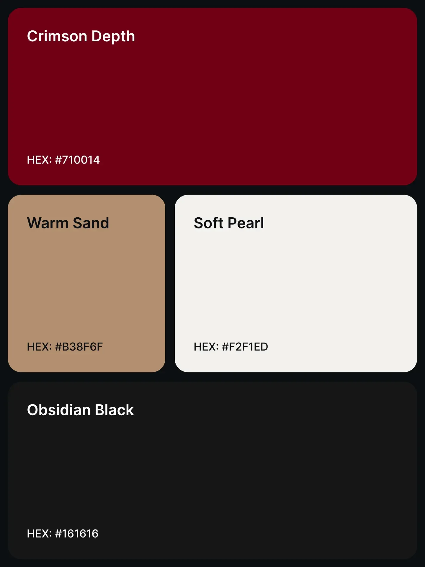 Palette 17: Crimson Depth #710014, Warm Sand #B38F6F, Soft Pearl #F2F1ED, and Obsidian Black #161616.
