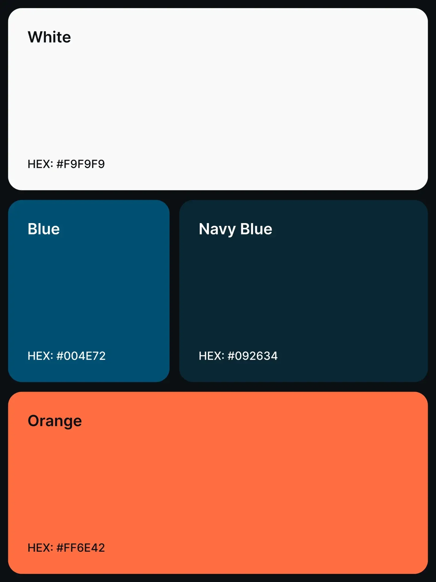 Palette 13: White #F9F9F9, Blue #004E72, Navy Blue #092634, and Orange #FF6E42.