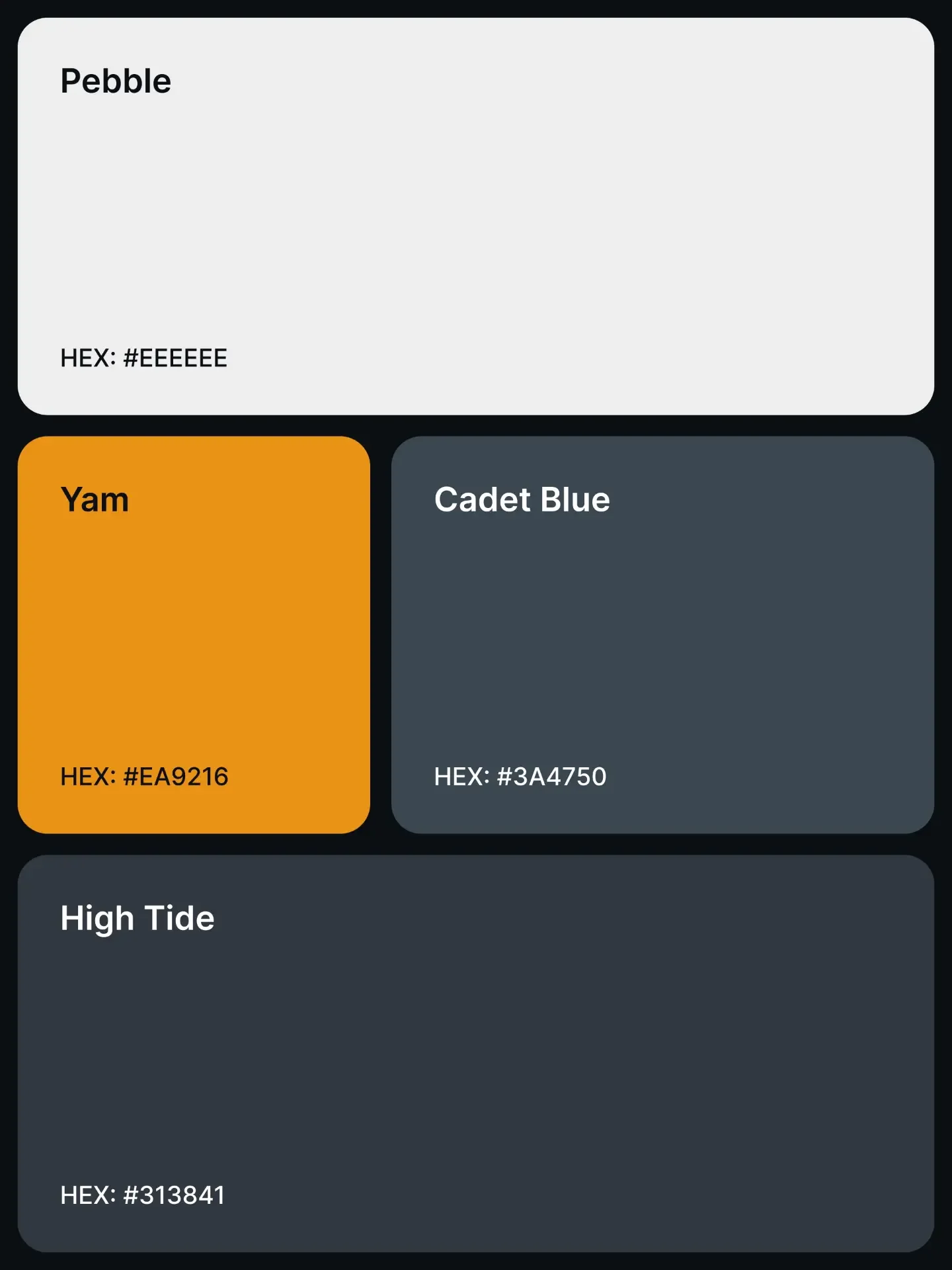 Palette 11: Pebble #EEEEEE, Yam #EA9216, Cadet Blue #3A4750, and High Tide #313841.