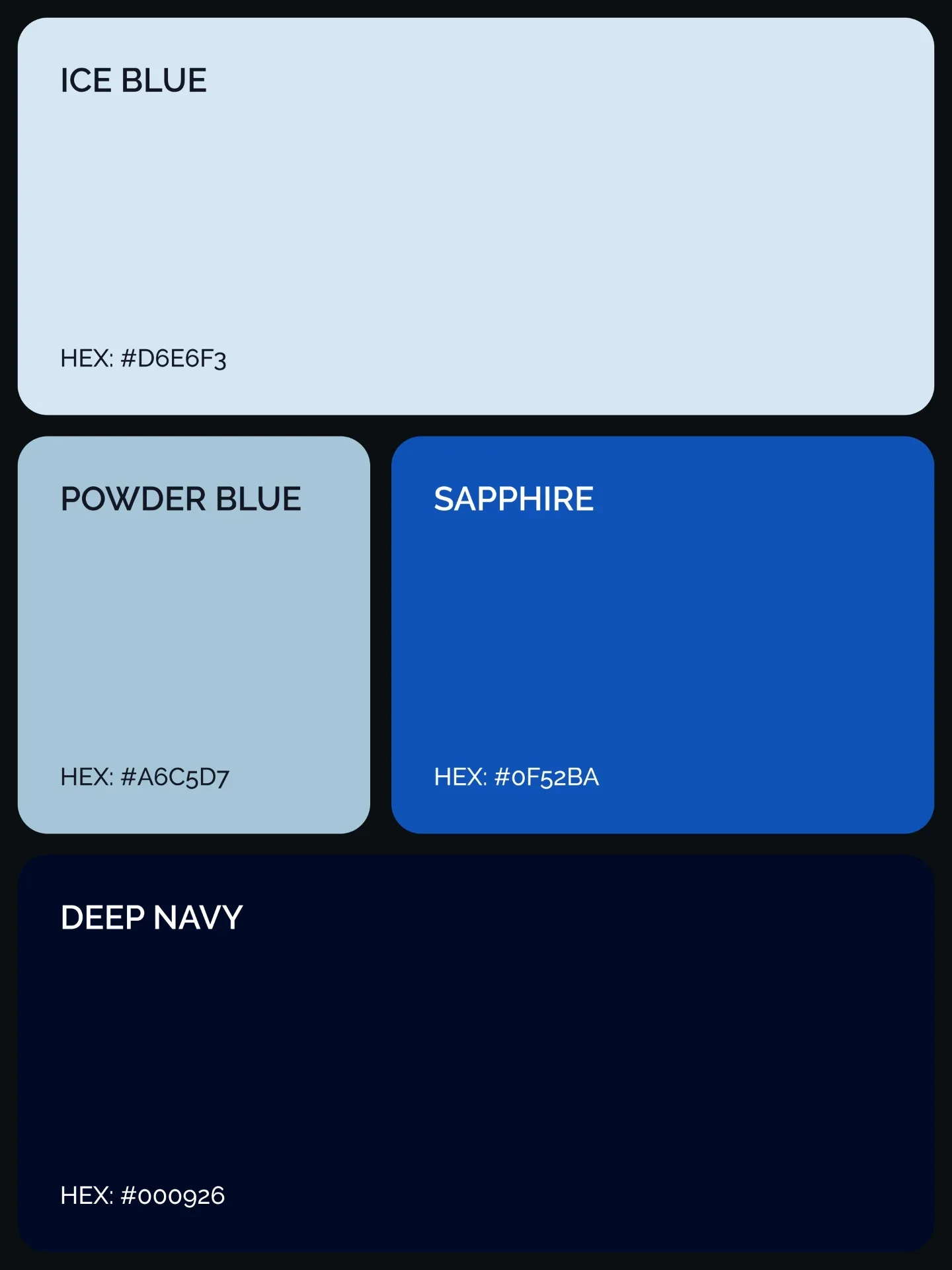 Palette 16: Ice Blue #D6E6F3, Powder Blue #A6C5D7, Sapphire #0F52BA, and Deep Navy #000926.