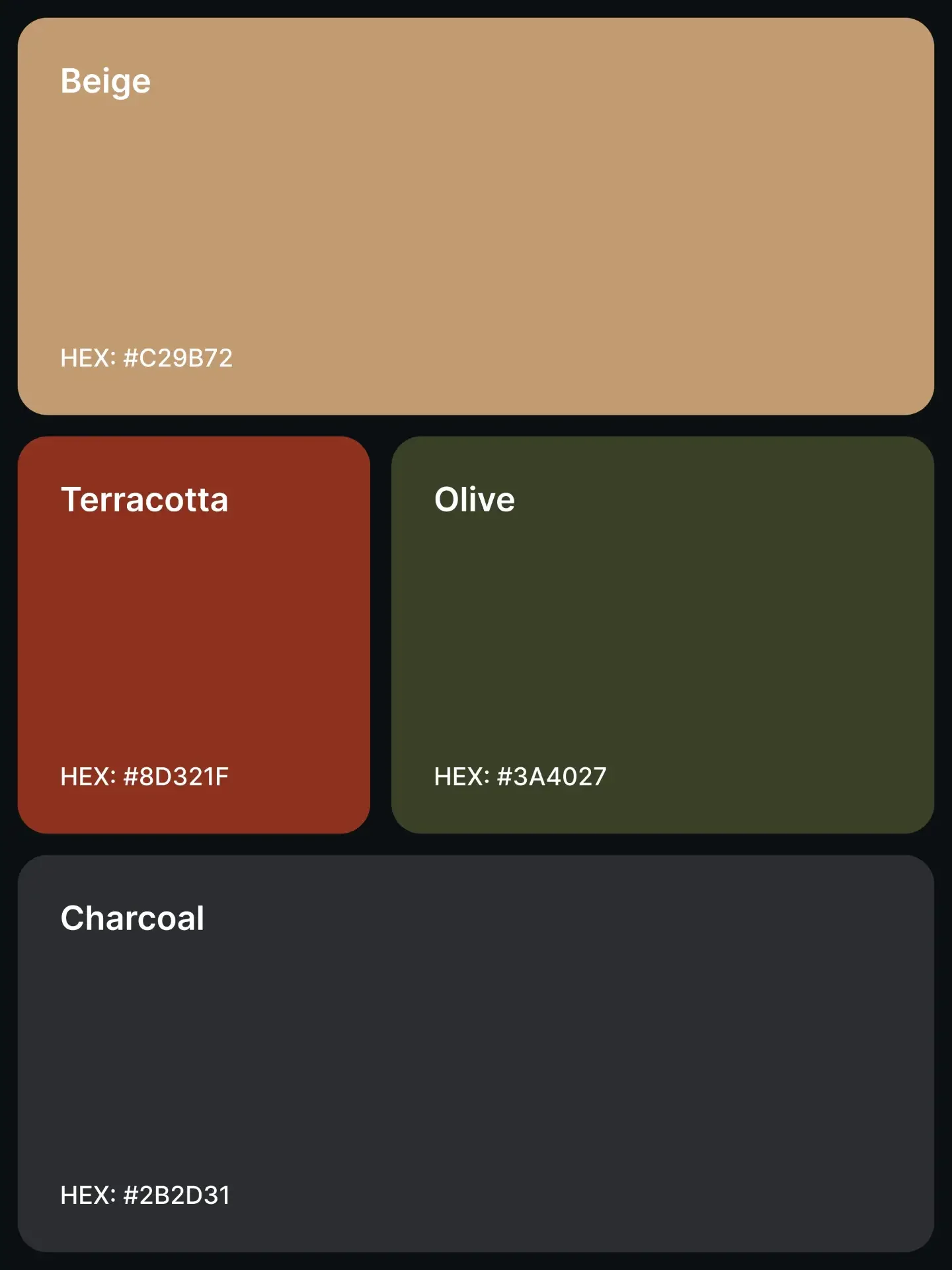 Palette 14: Beige #C29B72, Terracotta #8D321F, Olive #3A4027, and Charcoal #2B2D31.