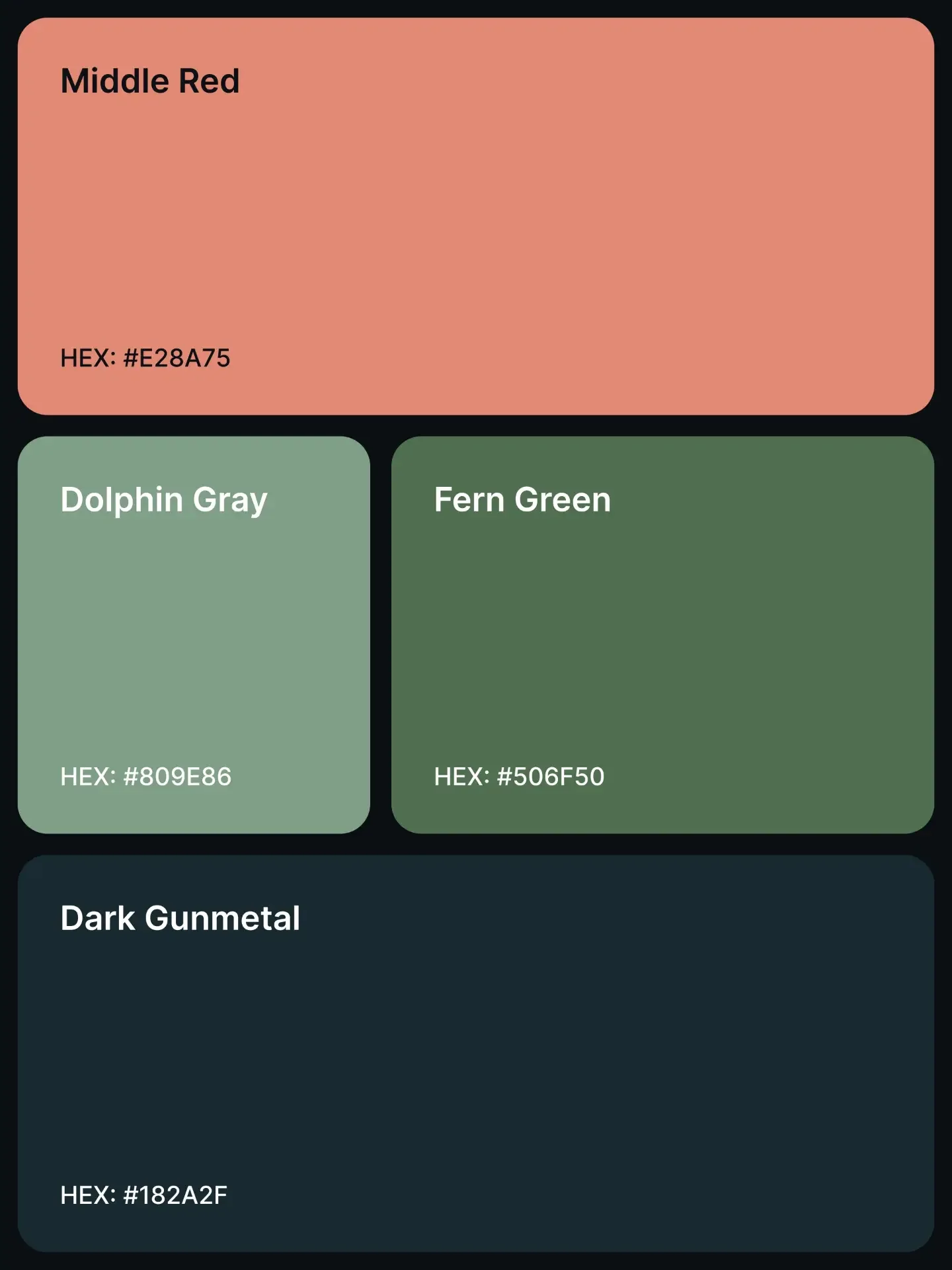 Palette 3: Middle Red #E28A75, Dolphin Gray #809E86, Fern Green #506F50, and Dark Gunmetal #182A2F.
