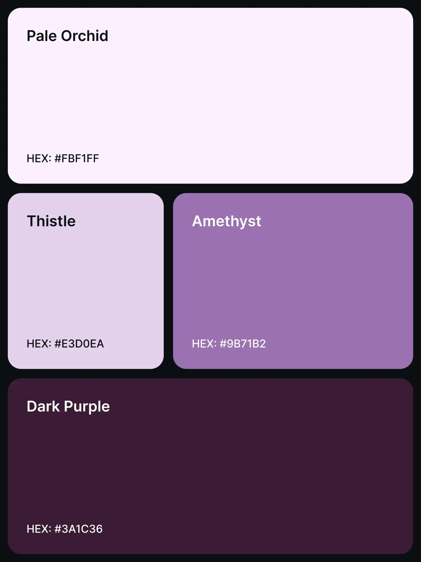 Palette 8: Pale Orchid #FBF1FF, Thistle #E3D0EA, Amethyst #9B71B2, and Dark Purple #3A1C36.