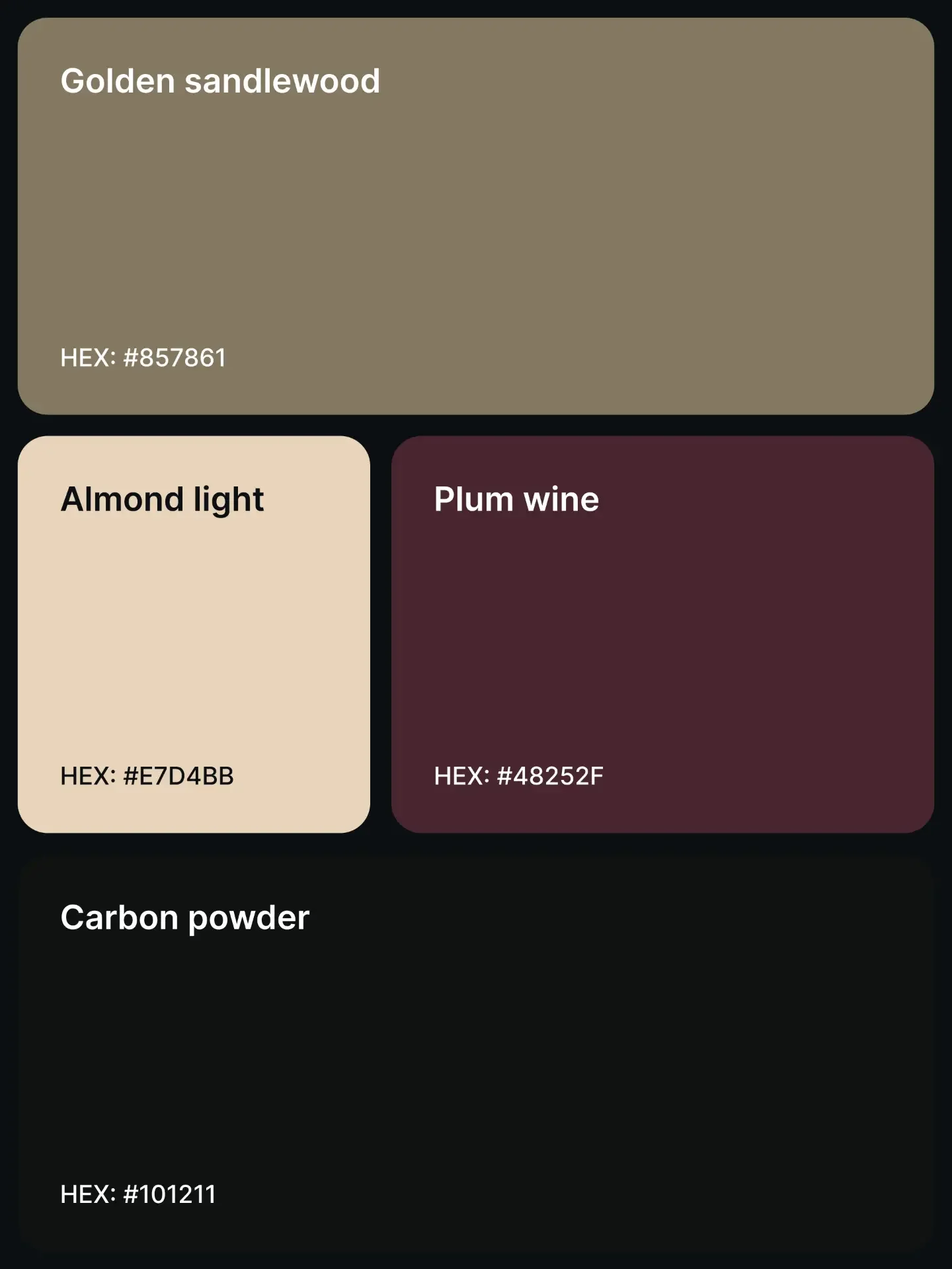 Palette 2: Golden Sandalwood #857861, Almond Light #E7D4BB, Plum Wine #48252F, and Carbon Powder #101211.