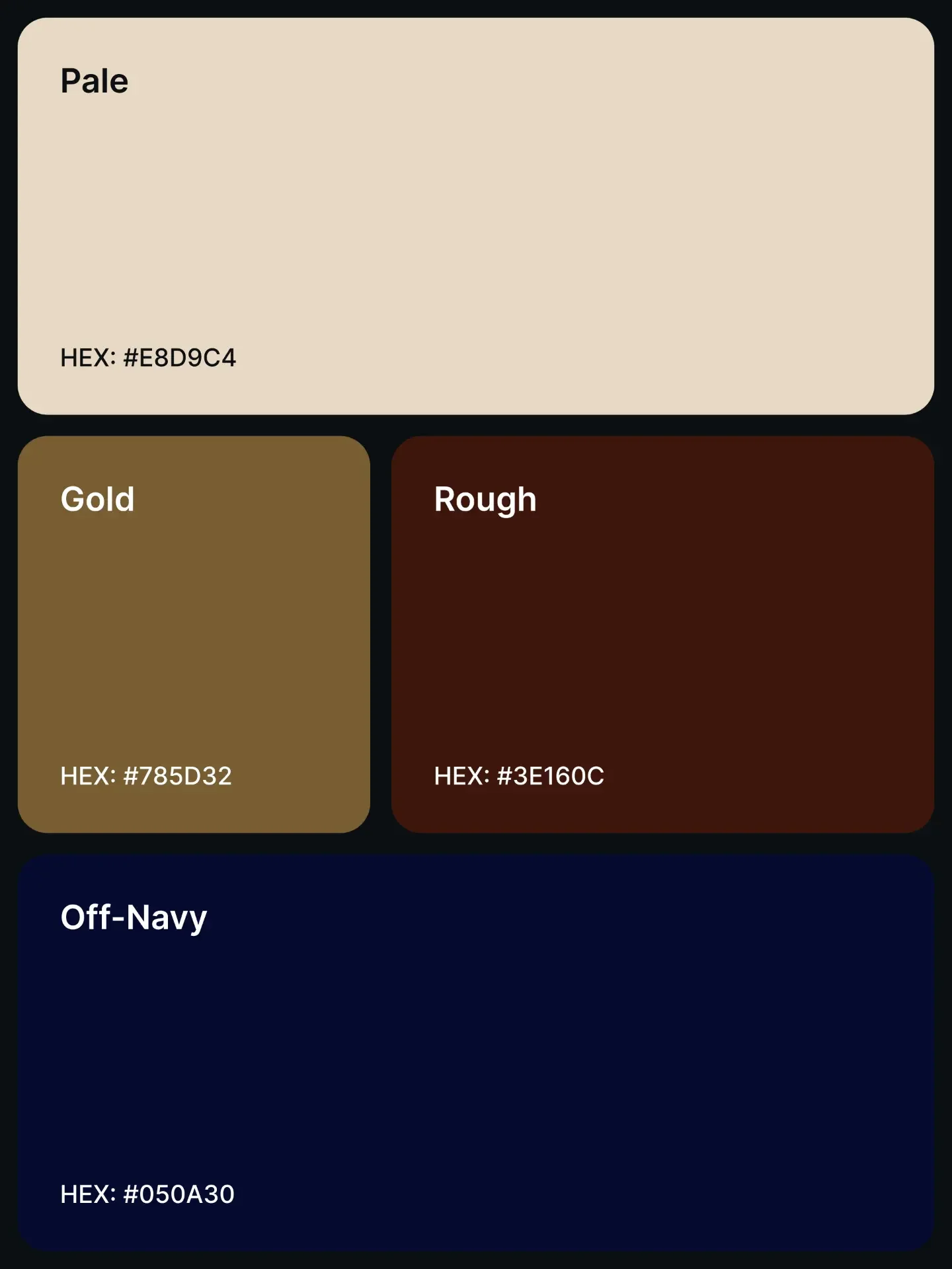 Palette 10: Pale #E8D9C4, Gold #785D32, Rough #3E160C, and Off-Navy #050A30.