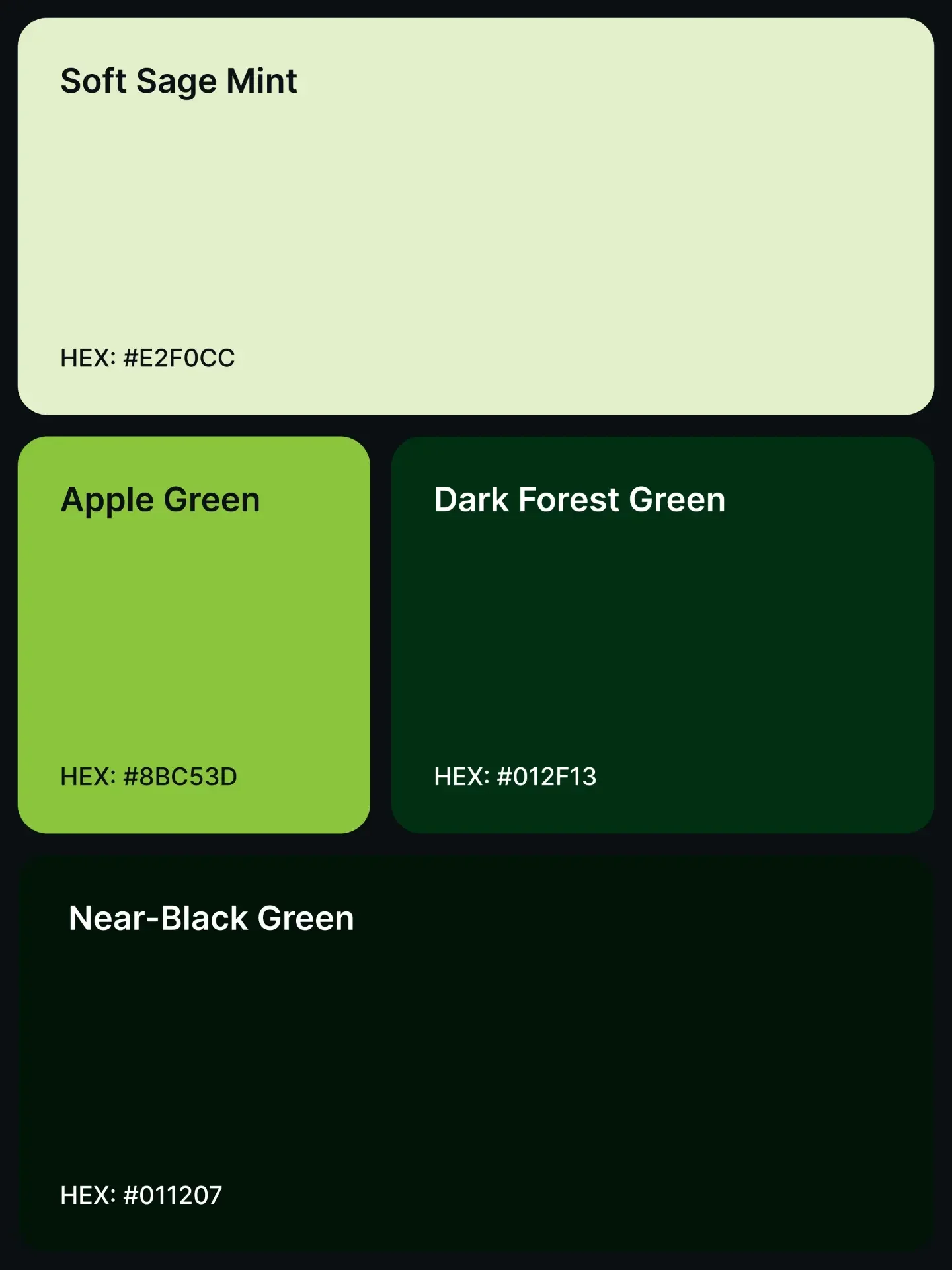 Palette 12: Soft Sage Mint #E2F0CC, Apple Green #8BC53D, Dark Forest Green #012F13, and Near-Black Green #011207.