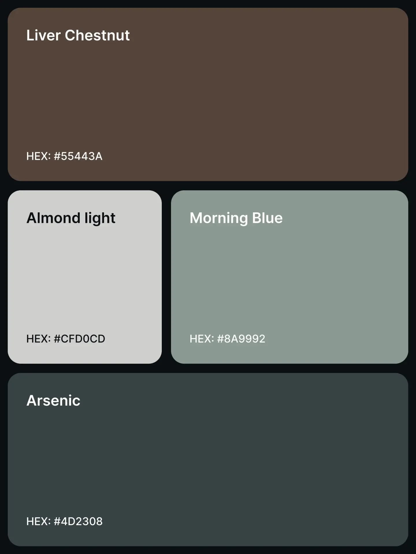 Palette 9: Liver Chestnut #55443A, Almond Light #CFD0CD, Morning Blue #8A9992, and Arsenic #4D2308.
