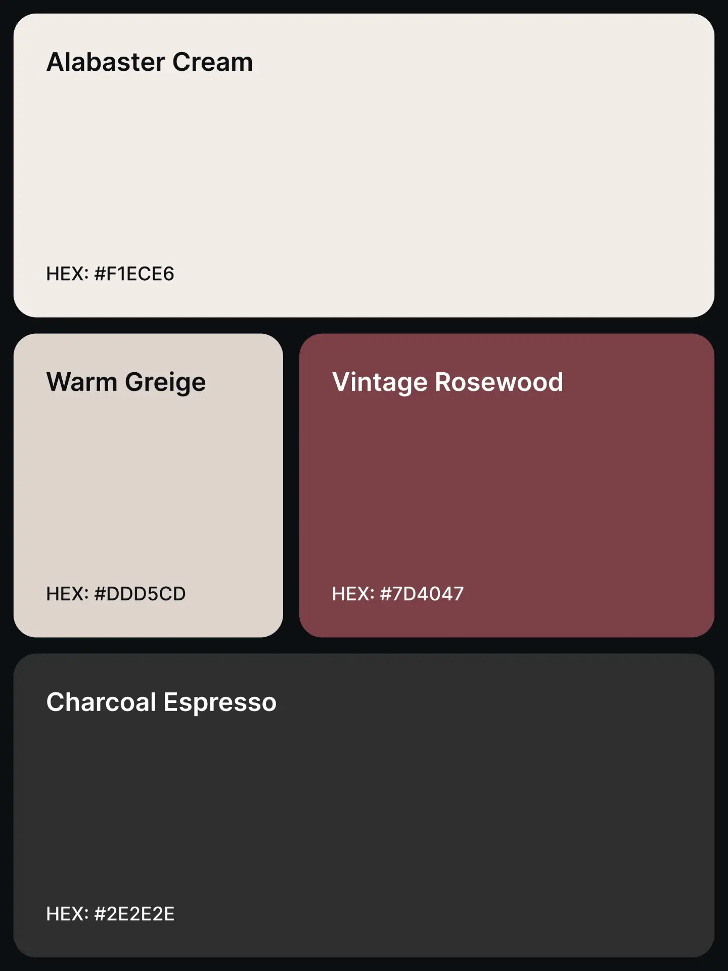 Palette 15: Alabaster Cream #F1ECE6, Warm Greige #DDD5CD, Vintage Rosewood #7D4047, and Charcoal Espresso #2E2E2E.