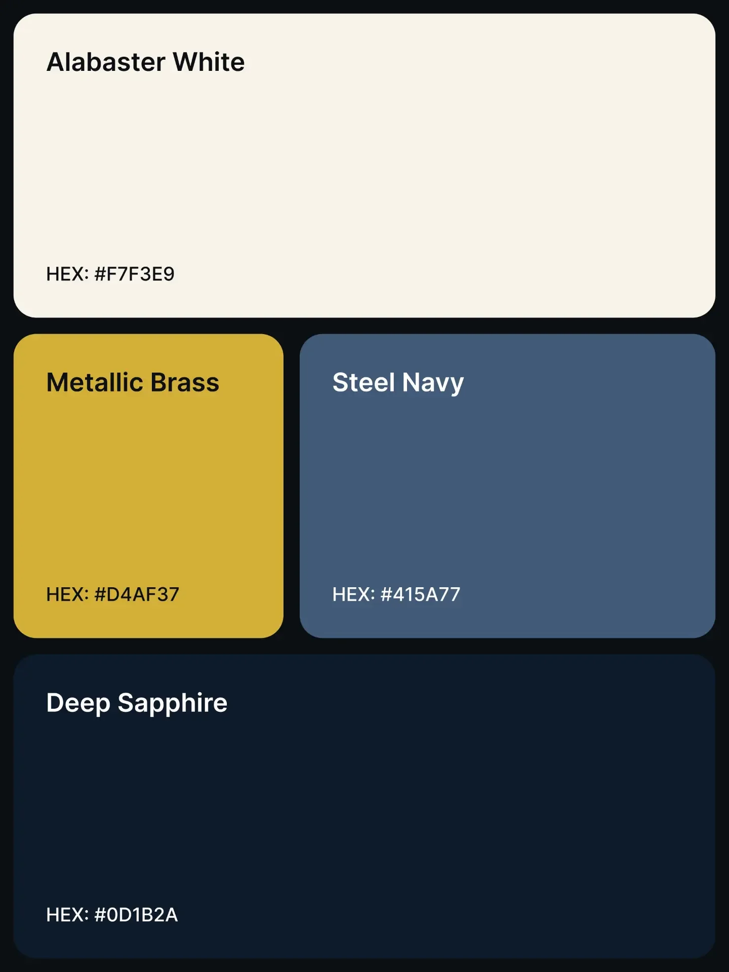 Palette 4: Alabaster White #F7F3E9, Metallic Brass #D4AF37, Steel Navy #415A77, and Deep Sapphire #0D1B2A.