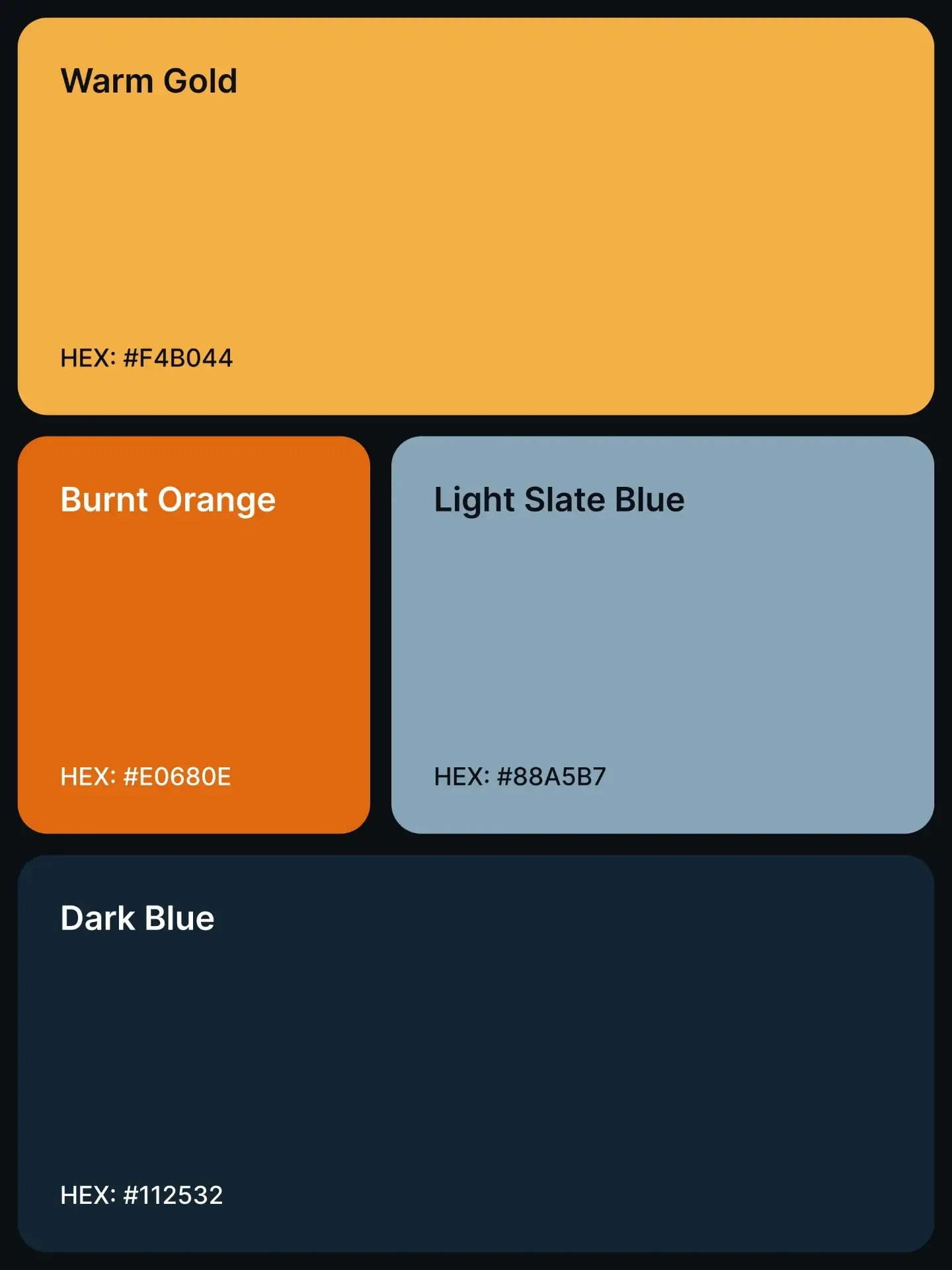 Palette 7: Warm Gold #F4B044, Burnt Orange #E0680E, Light Slate Blue #88A5B7, and Dark Blue #112532.