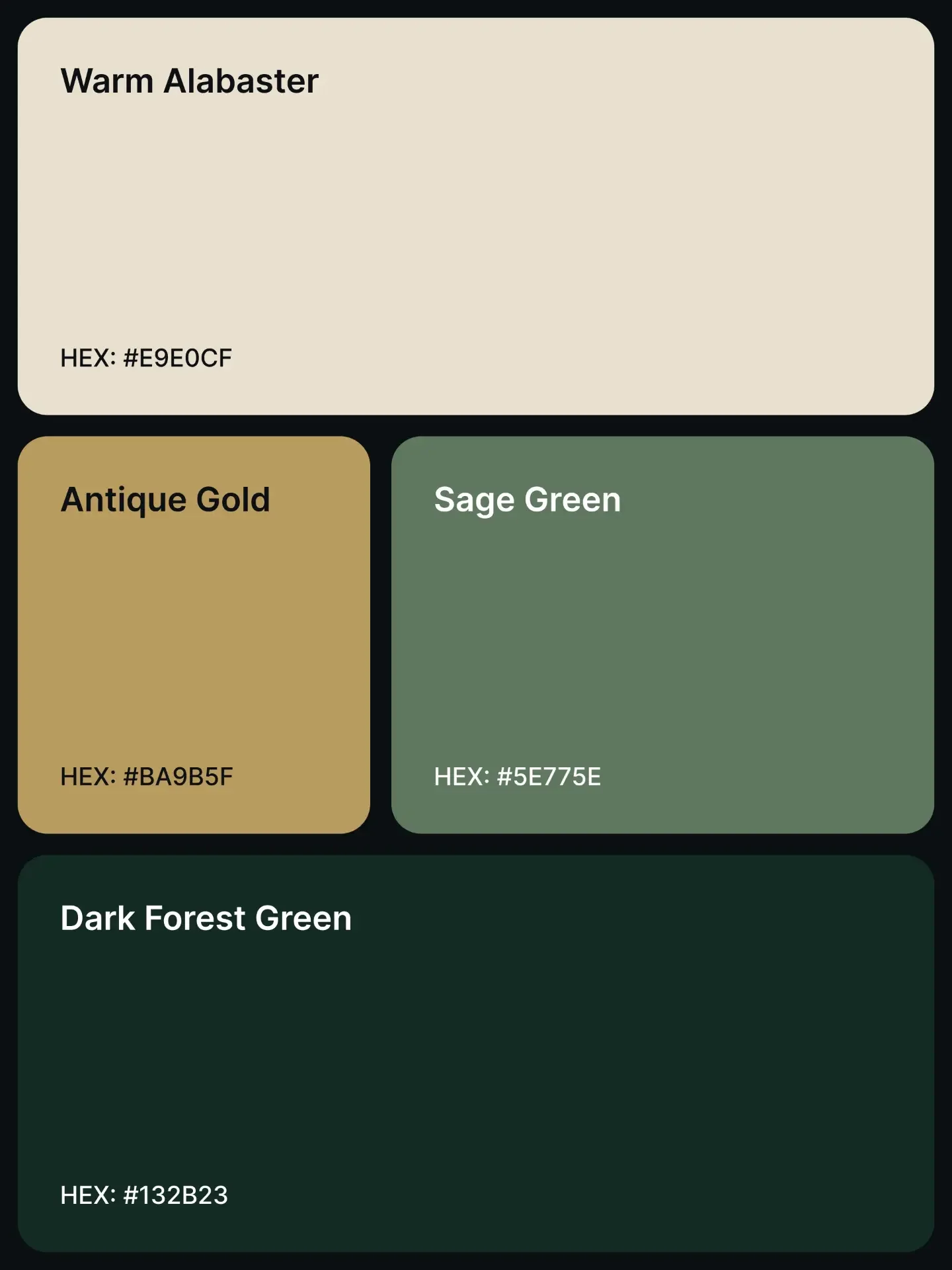 Palette 1: Warm Alabaster #E9E0CF, Antique Gold #BA9B5F, Sage Green #5E775E, and Dark Forest Green #132B23.