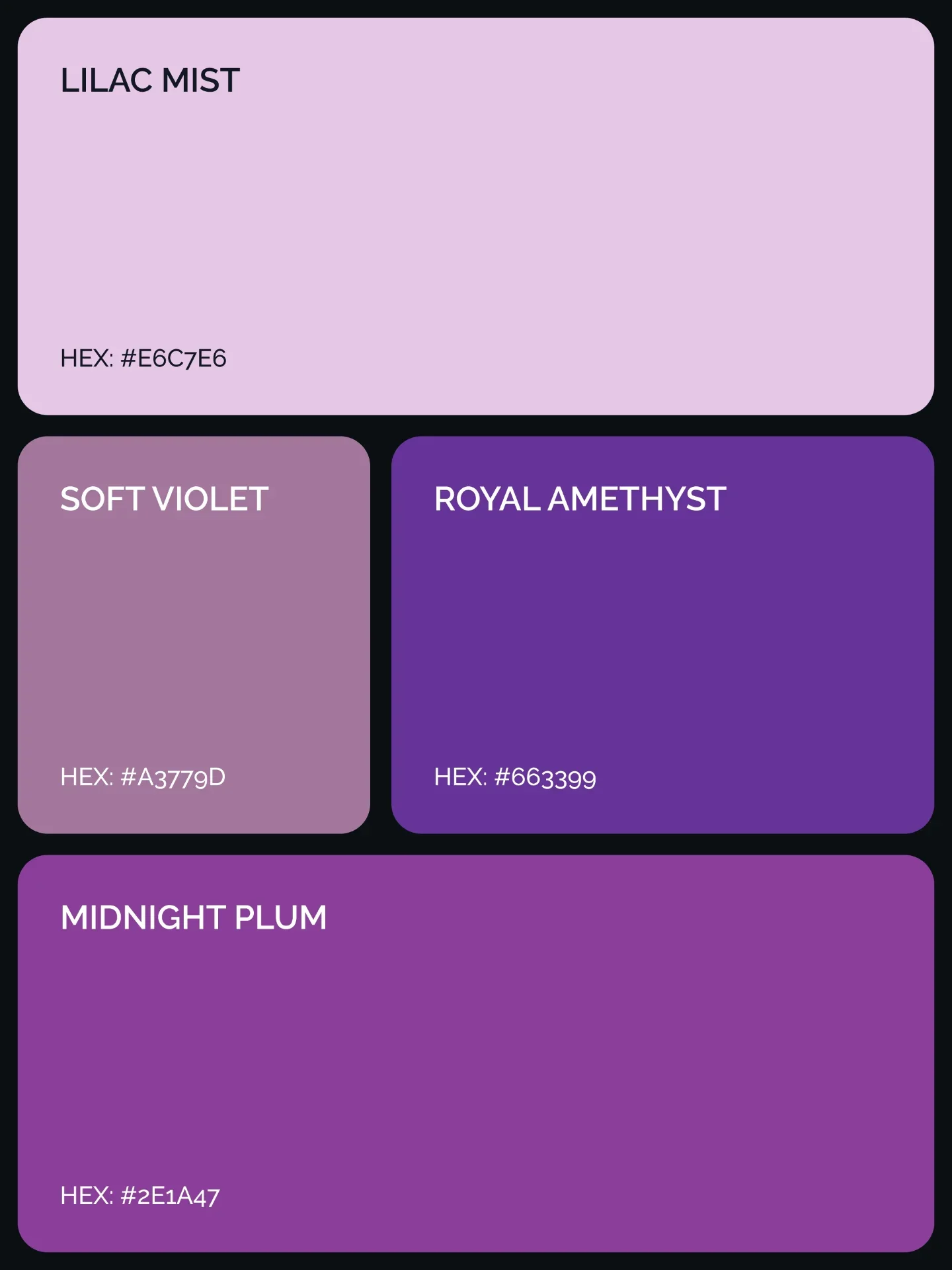 Palette 18: Lilac Mist #E6C7E6, Soft Violet #A3779D, Royal Amethyst #663399, and Midnight Plum #2E1A47.