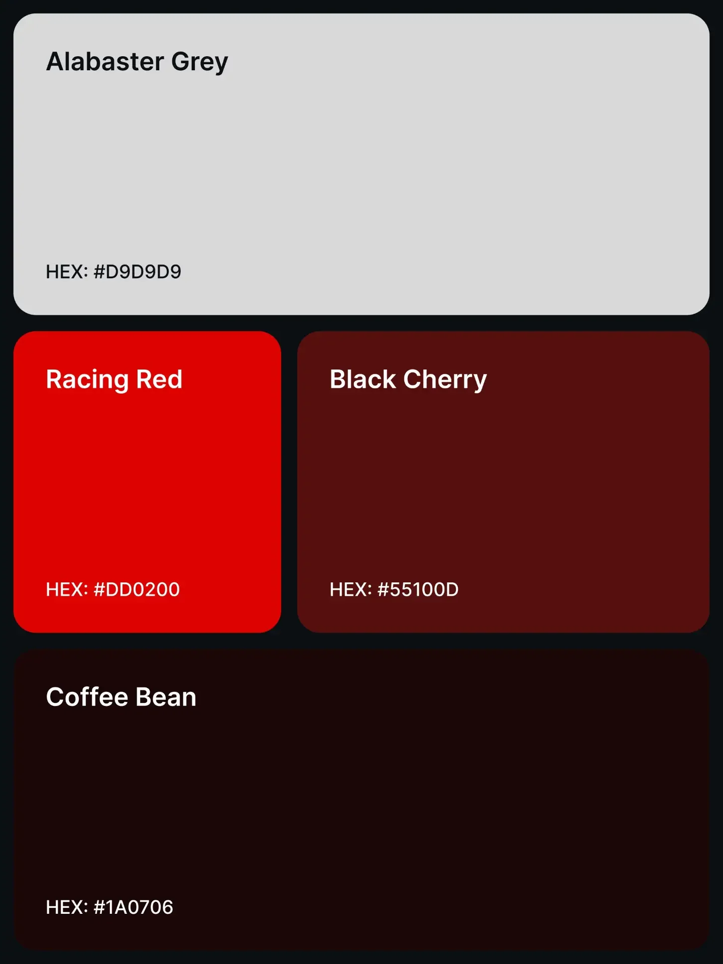 Palette 6: Alabaster Grey #D9D9D9, Racing Red #DD0200, Black Cherry #55100D, and Coffee Bean #1A0706.