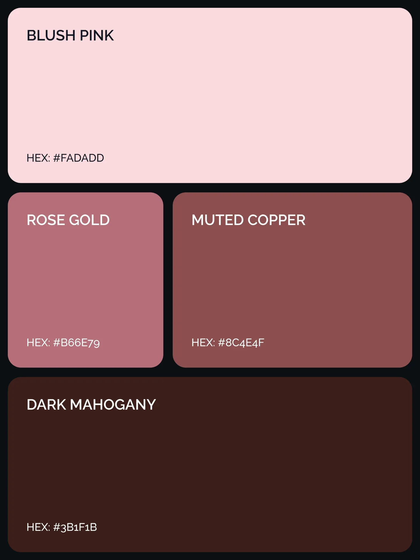 Palette 19: Blush Pink #FADADD, Rose Gold #B66E79, Muted Copper #8C4E4F, and Dark Mahogany #3B1F1B.