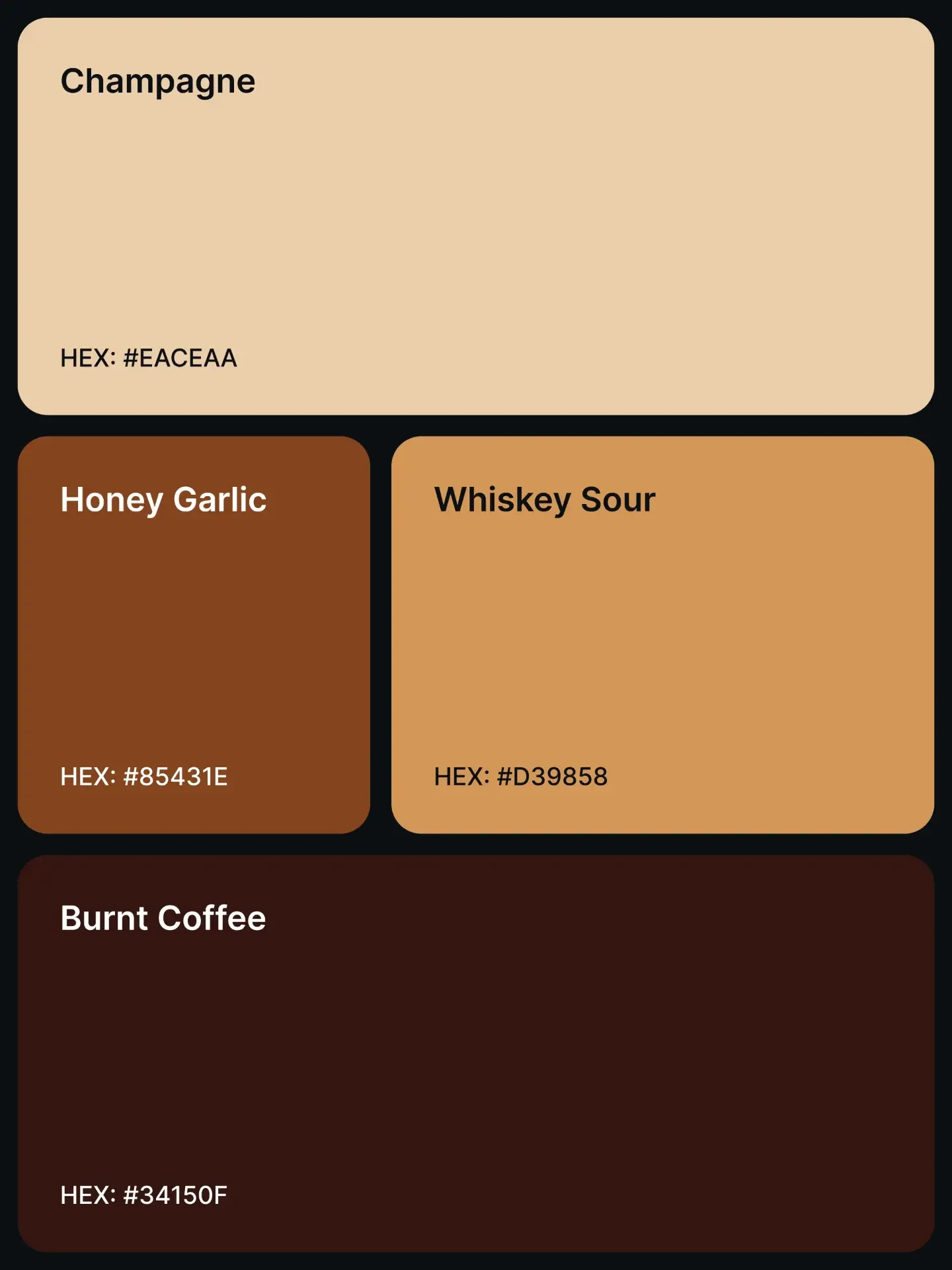 Palette 5: Champagne #EACEAA, Honey Garlic #85431E, Whiskey Sour #D39858, and Burnt Coffee #34150F.