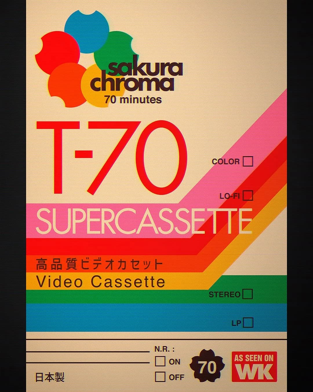 Contemporary Sakura Chroma T-70 cassette label with five coloured circles, stepped rainbow bands, technical checkboxes and cream paper grain.