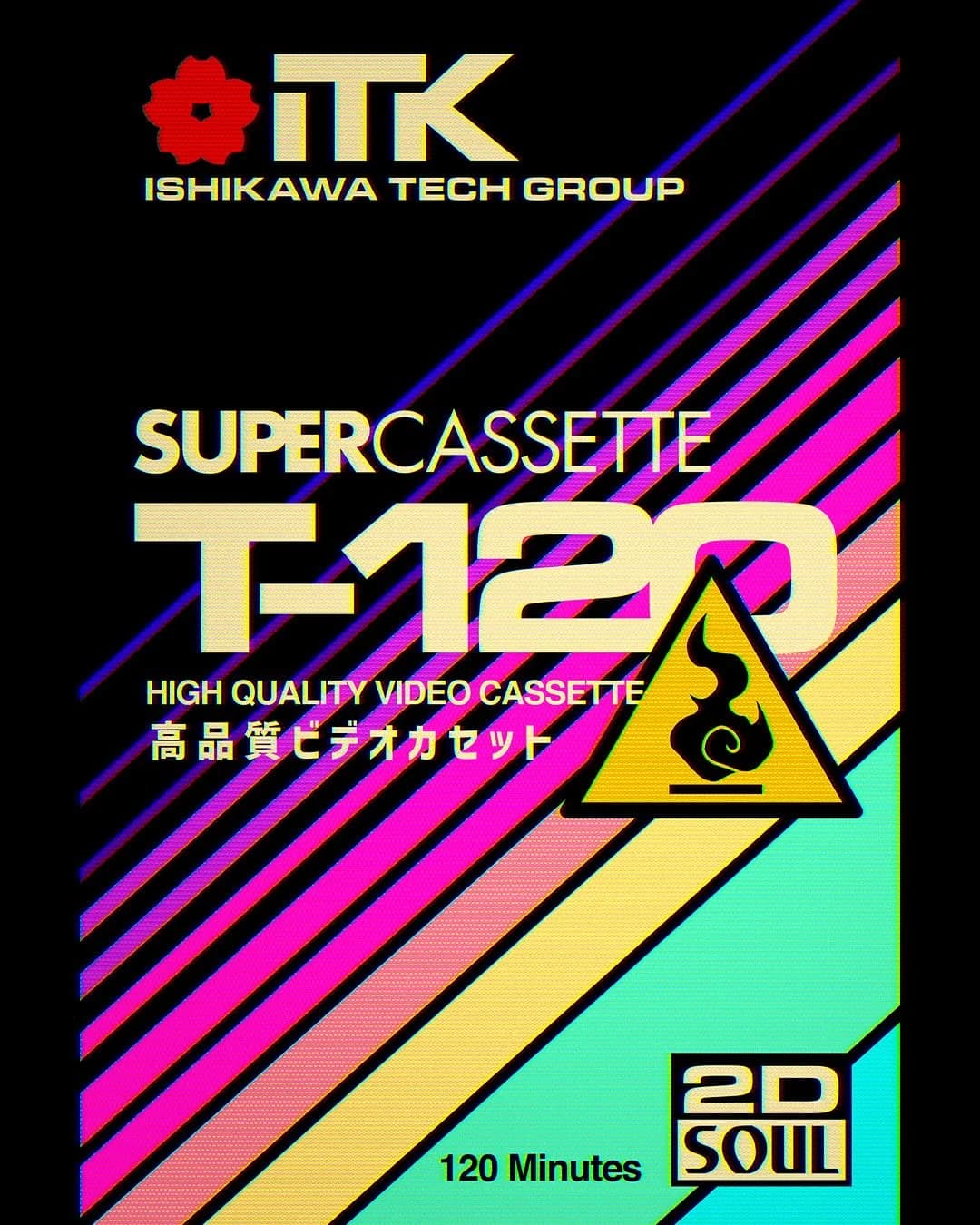 Contemporary black ITK T-120 cassette label with neon magenta, blue and mint diagonal stripes and a yellow triangular bird emblem.