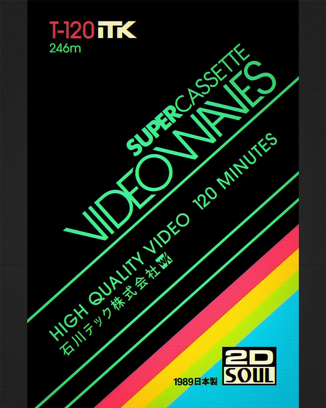 Contemporary Video Waves T-120 cassette label with diagonal lime typography, a rainbow lower corner and 1989 Japanese manufacturing markings.