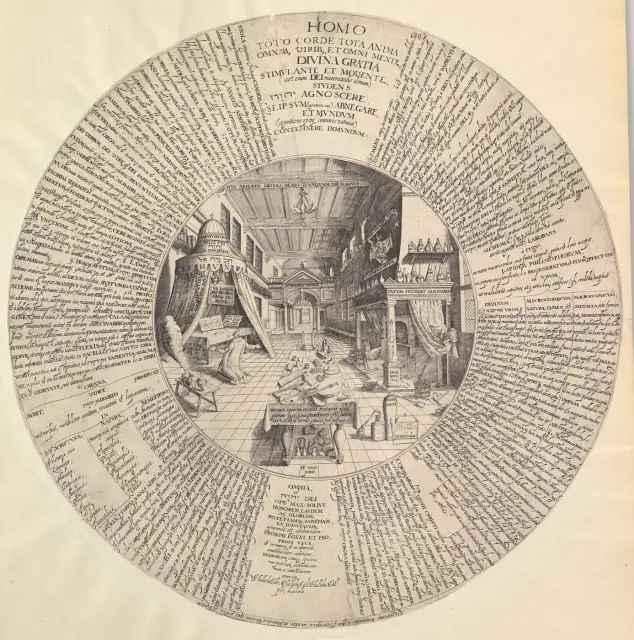 The Alchemist's Laboratory, from Amphitheatrum Sapientiae Aeternae by Heinrich Khunrath; designed by Hans Vredeman de Vries, engraving attributed to Paulus van der Doort, c. 1595 (undated impression)