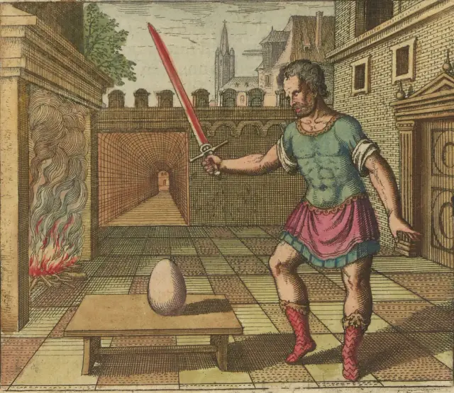 Emblem VIII: Take the Egg and Strike It with a Fiery Sword, from Atalanta Fugiens by Michael Maier; engraved by Matthaeus Merian, 1618