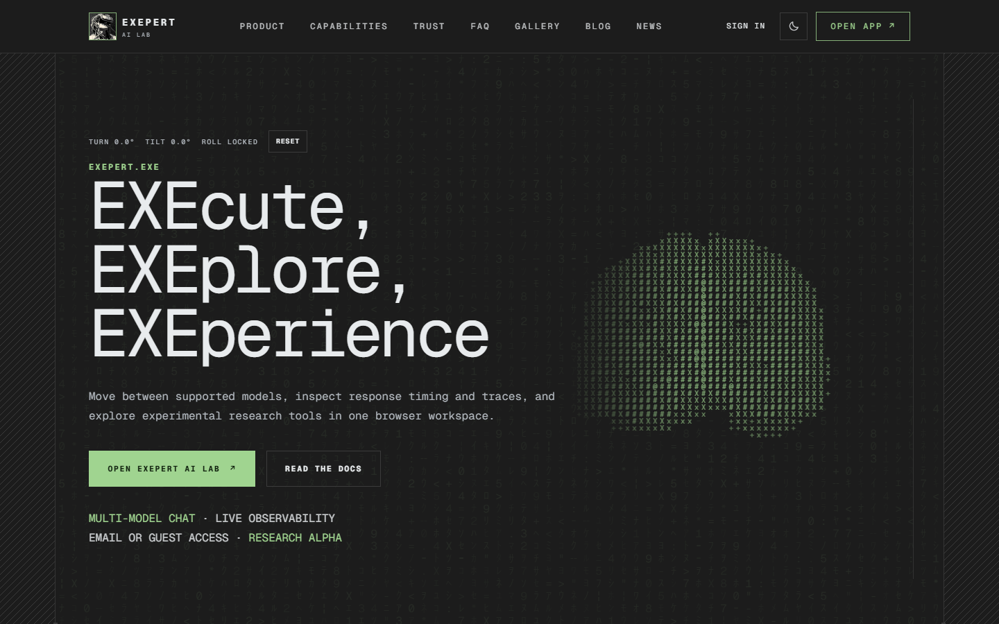 The original EXEPERT homepage at desktop width, with its large ASCII brain.