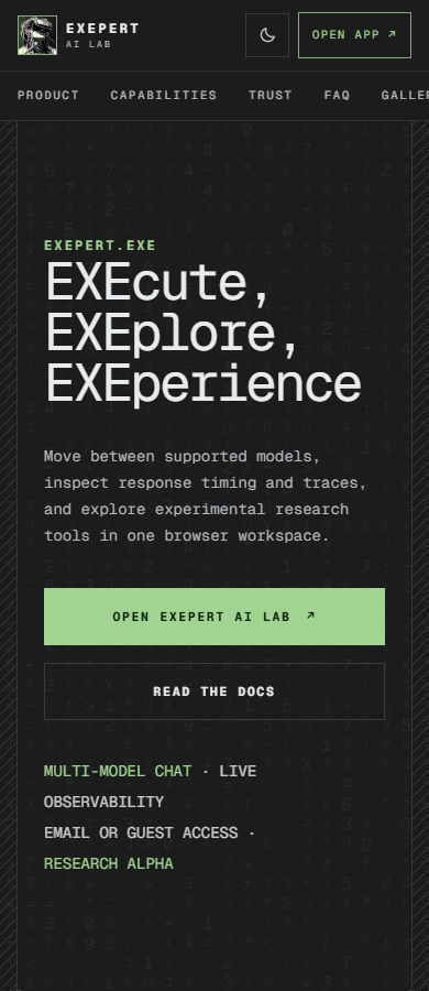 The original EXEPERT homepage at phone width.